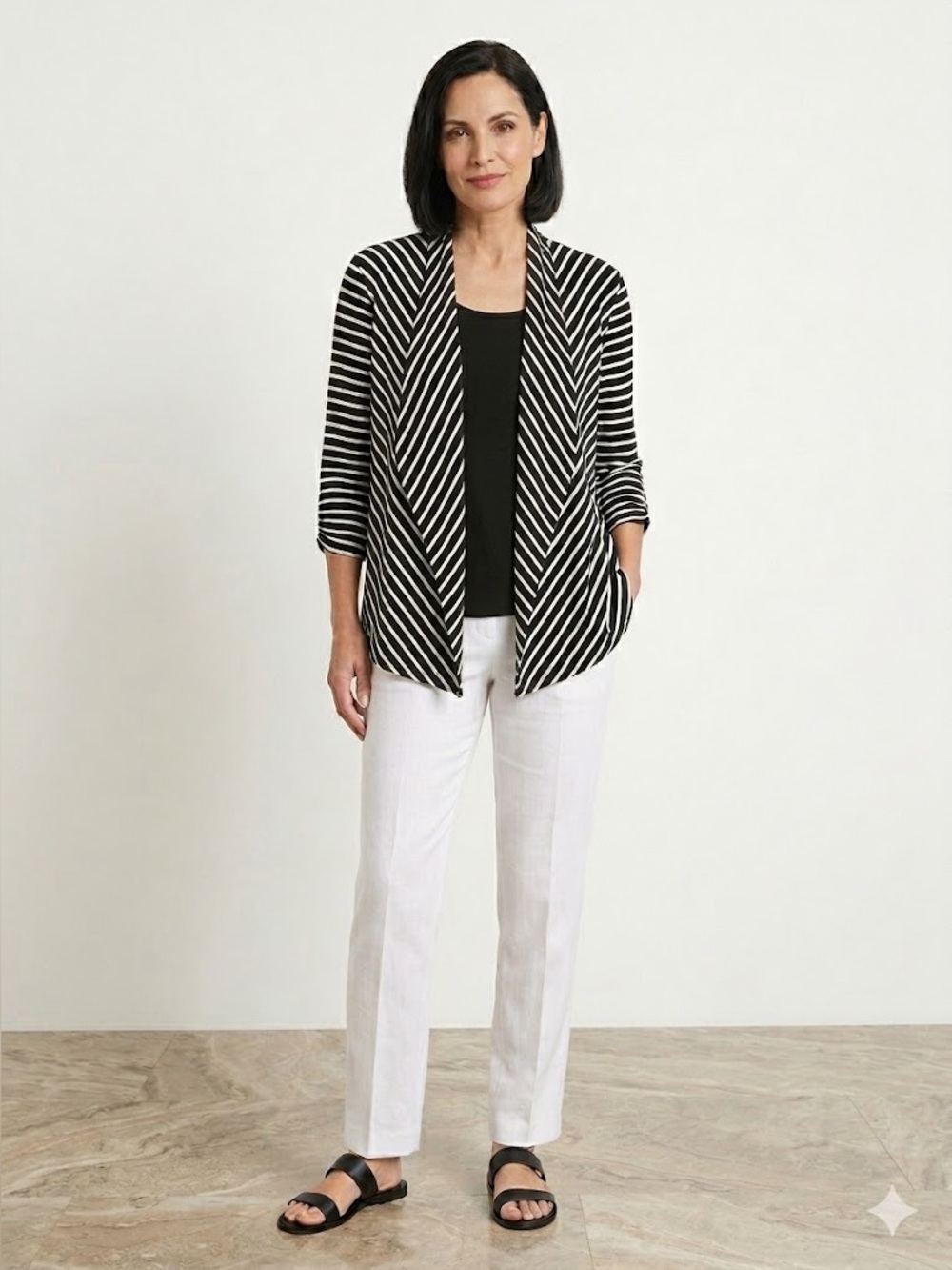 Notations Black & White Striped Draped Open Front Top w/ Built-In Tank